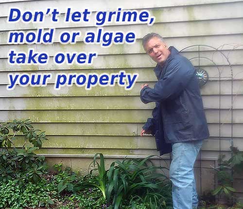 Photo of Powerhouse Pete pointing to dirty siding with text that says don't let grime, mold or algae take over your property