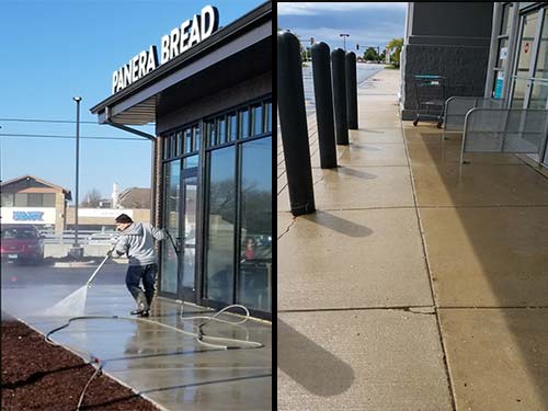 Photo of Powerhouse Pete power washing and restoring concrete for a commercial storefront