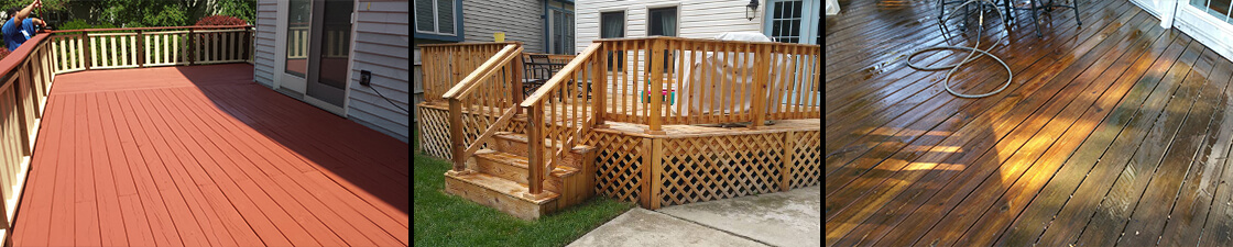 Three photo collage of a red red, wood deck, and closeup comparison of a clean and unclean wood deck