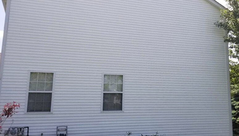 After photo of vinyl siding on the side of a house with two windows that was soft washed cleaned