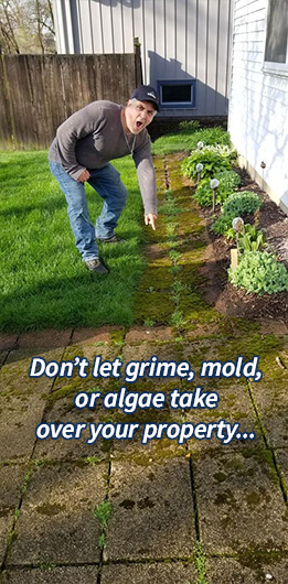 Photo of Powerhouse Pete pointing to a brick sidewalk with lots of moss, dirt, and algae with the starting slogan, Don't let grime, old, or algae take over your property...