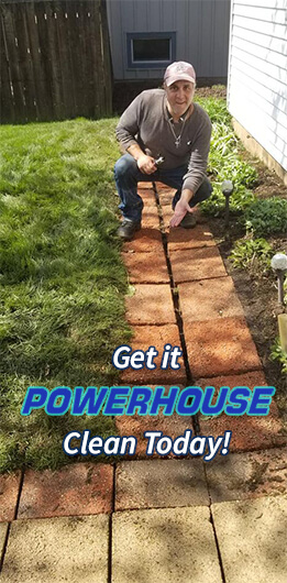 Photo of Powerhouse Pete showing a cleaned brick sidewalk along with the slogan, Get it Powerhouse clean today!
