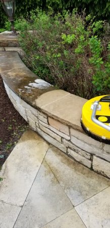 Photo of concrete pavers being hot washed with plants in background