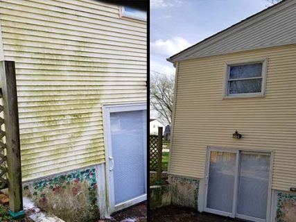 Photo of before and after residential home vinyl siding power washing, cleaning and restoration