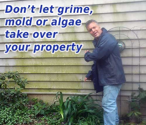 Photo of Powerhouse Pete pointing to dirty siding with text that says don't let grime, mold or algae take over your property